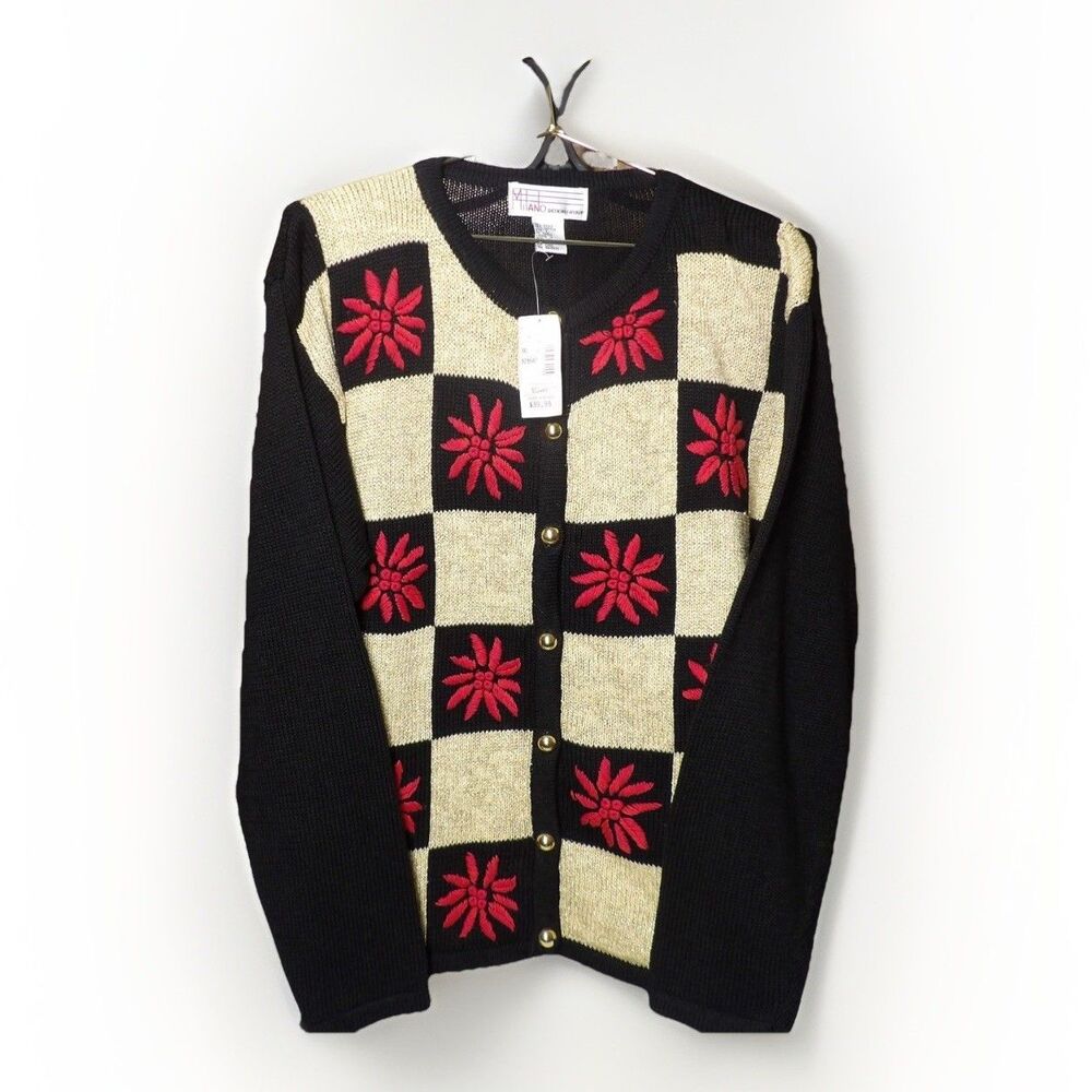 Black Gold Christmas Holiday Sweater Poinsettias Gold Buttons Women’s Large